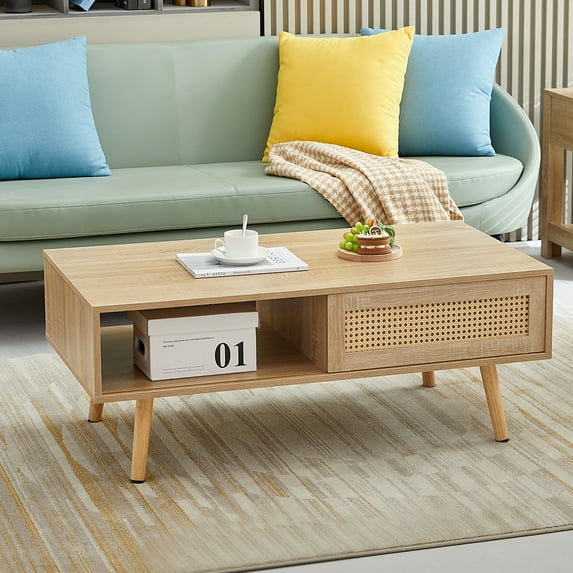 GZXS Wood Coffee Table, Living Room Cocktail Table with Slide Door for Storage, Natural