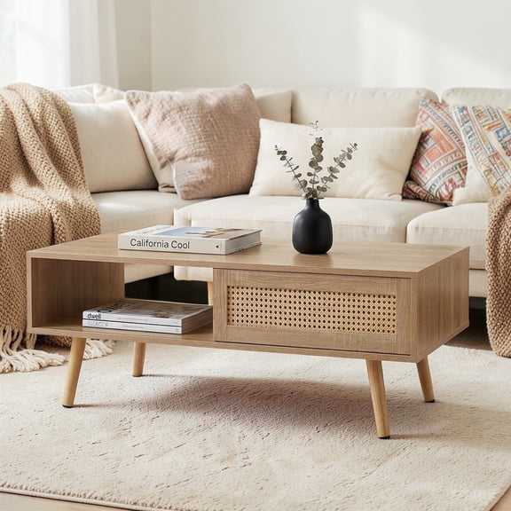 GZXS 41.3" Rectangle Coffee Table, Modern Mid-Century Living Room Center Table with Sliding Rattan Door and Storage Shelf, Solid Wood Legs, Natural