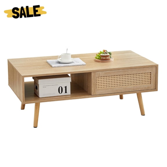 GZXS 41" Coffee Table with Sliding Rattan Door & Solid Wood Legs, Modern Boho Accent Center Table for Living Room, Home Office (Natural)
