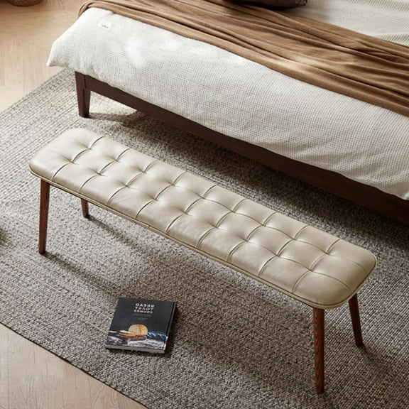 GZXS Wood Dining Bench with Leather Cushion - Upholstered Entryway Bench, for Dining/Living Room, Bedroom End-of-Bed, 51.18 Inch (White+Walnut)