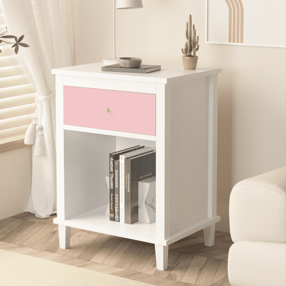 GZXS Modern Nightstand Wood Bedside Table with Metal Round Handle, Storage Drawer and Open Shelf, Pink + White