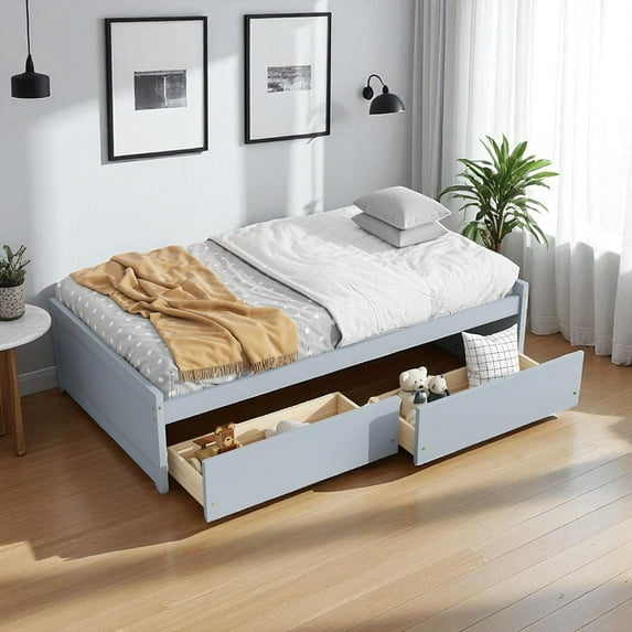 GZXS Wooden Bed Frame with 2 Storage Drawers, Space-Saving Twin Size Platform Bed without Headboard, Sturdy Wood Construction, No Box Spring Needed, Gray