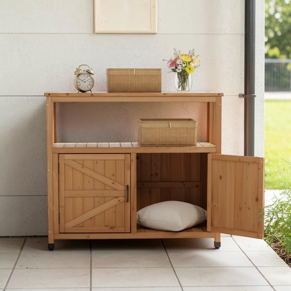 GZXS Wooden Storage Cabinet, 42" Patio Bar Table with Slatted Design & Open Shelf, Outdoor Solid Wood Buffet/Console Table for Backyard, Deck, Light Brown