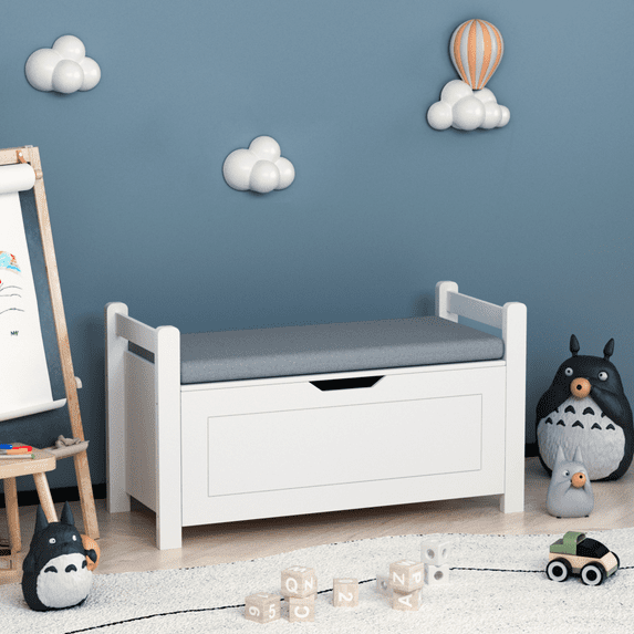 GZXS Wooden Toy Box with Cushion, White Kids Toy Chest with Seating Bench Large Storage Cabinet with Safety Hinged Lid Seat Bench Toy Storage Organizer Gift for Girls and Boys