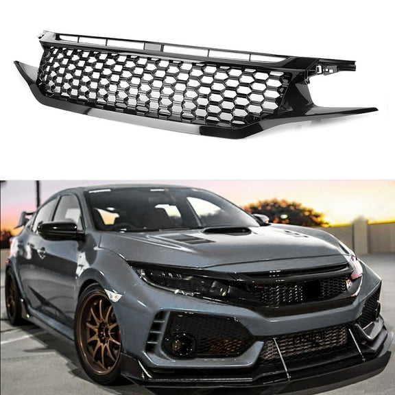 GZYF ABS Black Mesh Honeycomb Front Upper Grille + 2pcs Headlight Eyebrow For Honda Civic 2016 2017