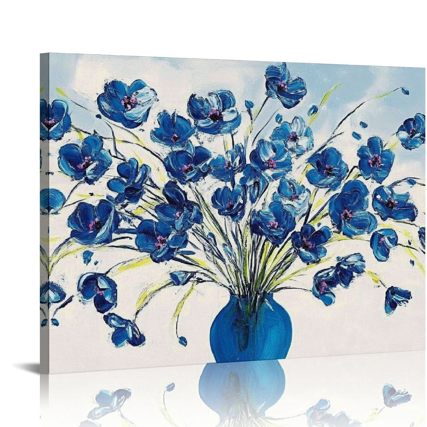GZYLONG  Blue Flower Canvas Wall Art Painting Pictures Modern 3D Effect Artwork with Framed for Bedroom Decor 16x12in