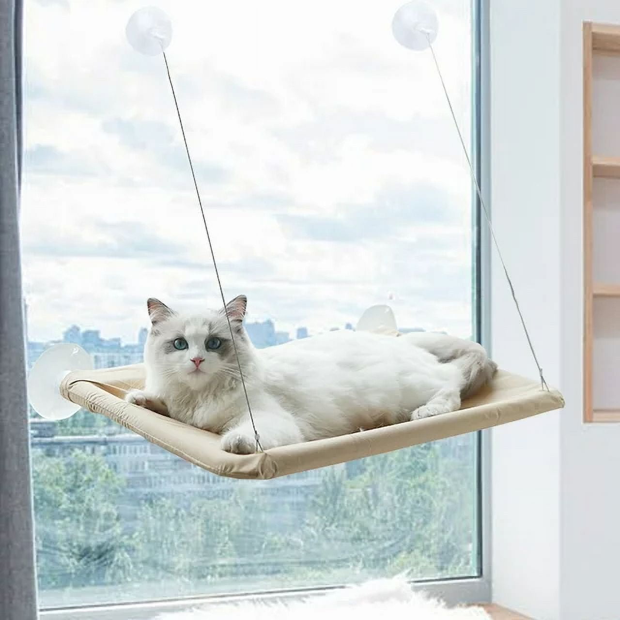 Sunhoo Cat Window Perch Hammock - No Drill, Adjustable, Holds 40 Lbs, 24.2 X 15 Inches (Grey)