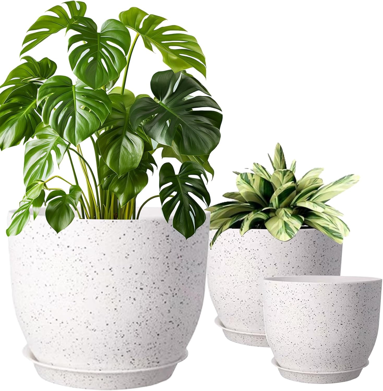 White Round Plastic Indoor/Outdoor Planter Set with Drainage Holes