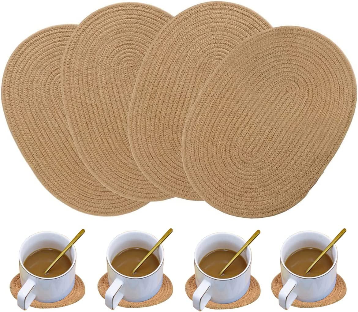 Oval Brown Cotton and Jute Placemats with Coasters Set