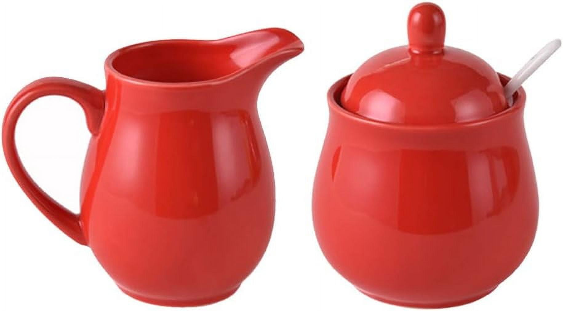 Red Ceramic Modern Creamer and Sugar Set with Lid