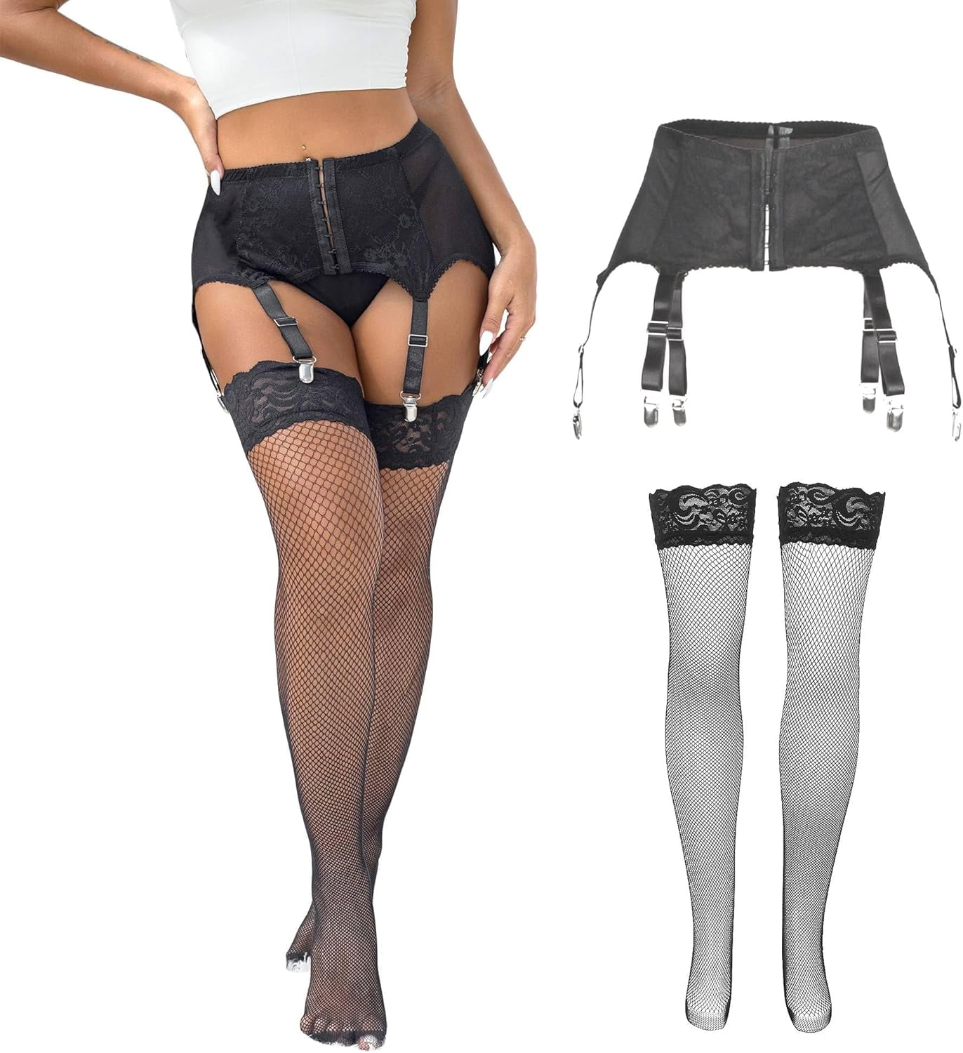 Thigh High Stockings Yummy Bee Garter Belt Set  8 Strap Mesh Garter With  Adjustable Back, Plus Size 4-16, Includes G String, Black Or Red Garter  Belts And Stockings Set
