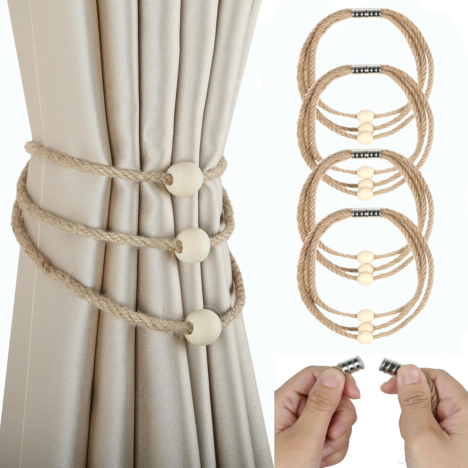 GZhLonKiMa Jute Magnetic Curtain Tiebacks, Wood Bead Curtain Holdbacks ...