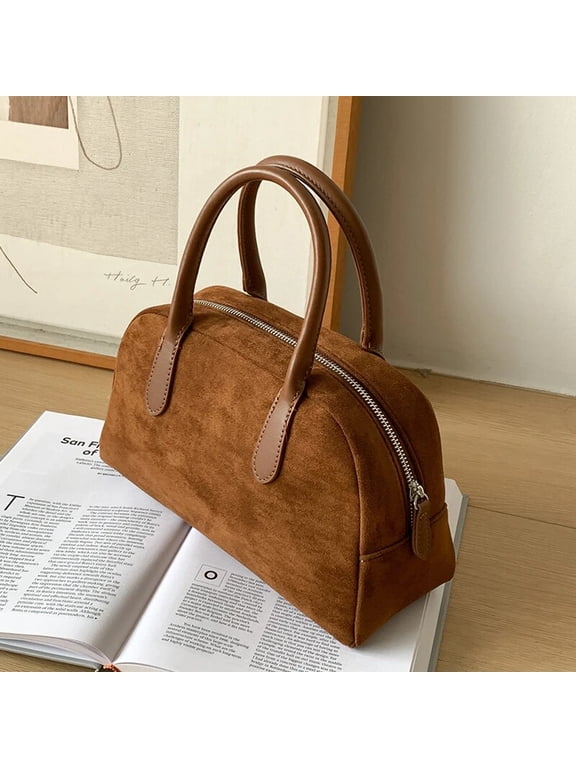 Korean Casual Boston Bag For Women Luxury Designer Handbags And Purses In Faux Suede Vintage Nubuck Leather Carry Wrist