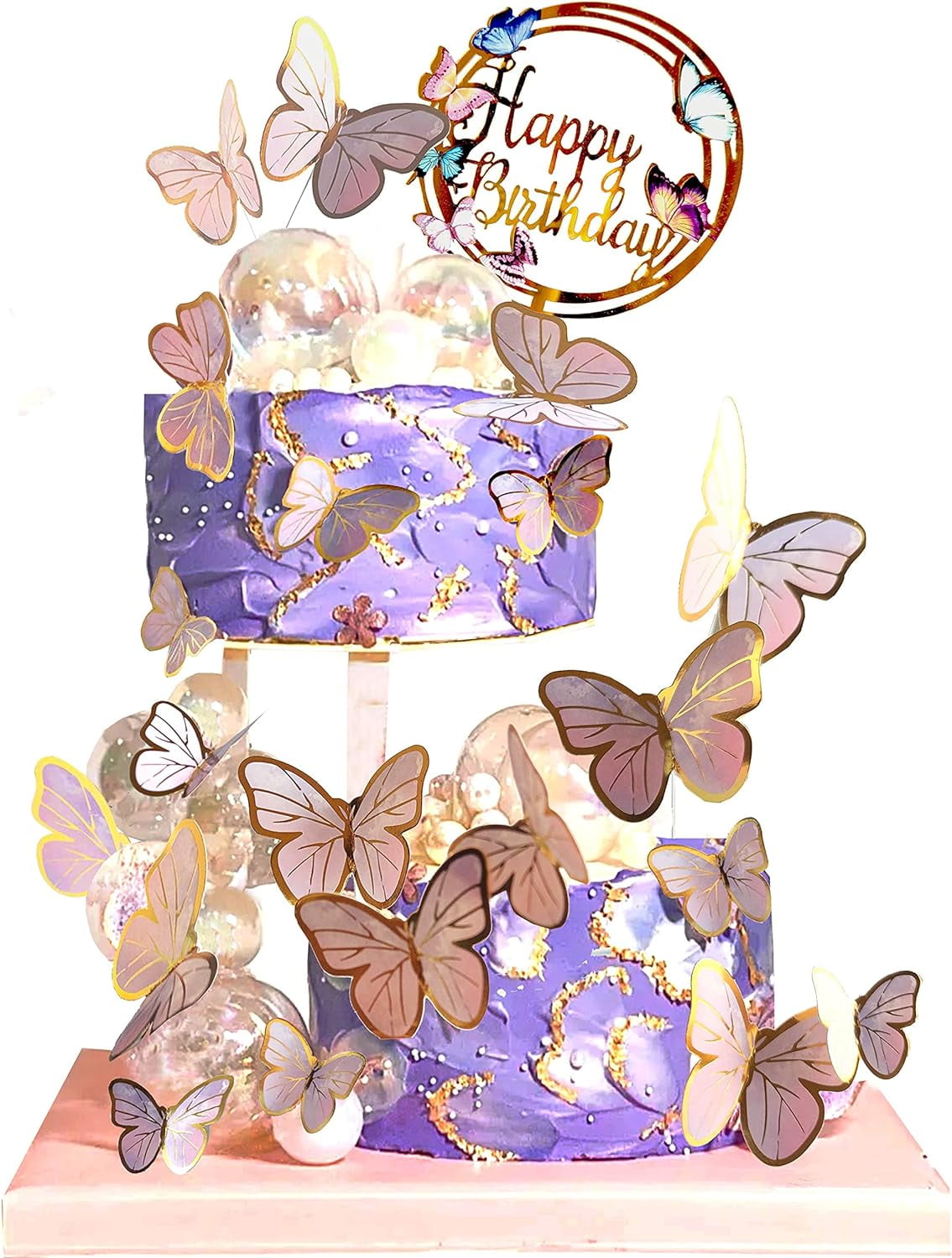 Purple & Gold Butterfly Cake Topper Set - 1 Acrylic 'Happy Birthday' Sign & 15 3D Butterflies For Cupcakes - View #4