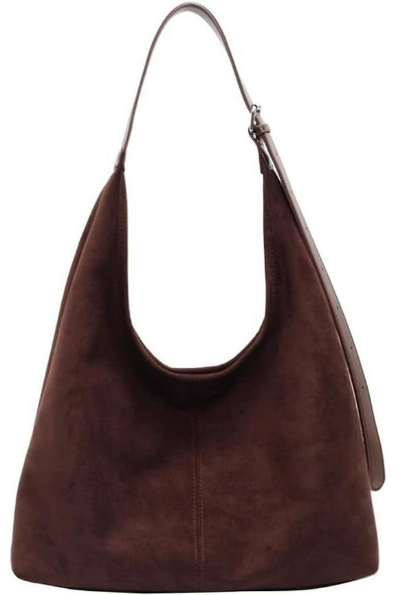 Suede Slouchy Hobo Bag for Women Chocolate Tote Handbag Large Retro Suede Shoulder Purse for Travel Shopping Work