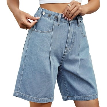 GZhLonKiMa Women's High Waisted Knee Length Denim Shorts Button Adjustable Waist Shorts Bermuda Long Jean Shorts for Teen Girls