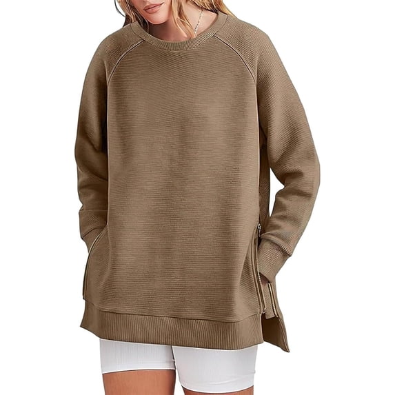GZhLonKiMa Womens Crew Neck Sweatshirts Long Sleeve Side Zipper Pullover Ribbed Fall Sweathshirts for Women Trendy