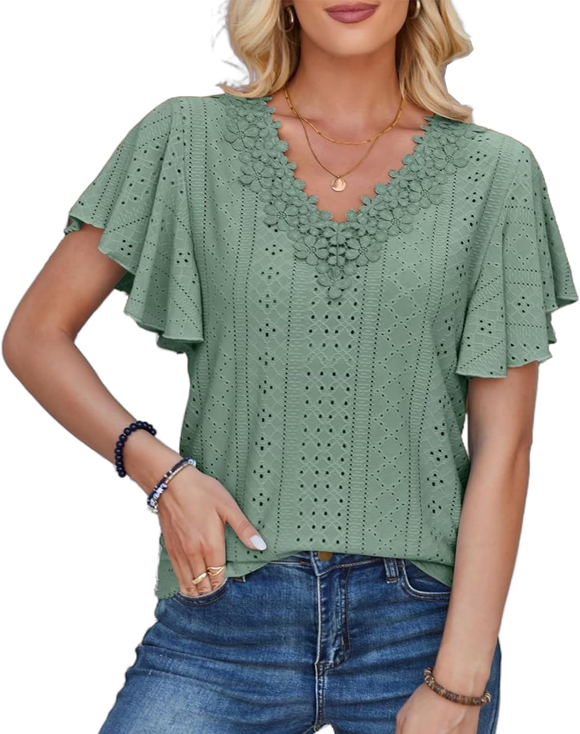 GZhLonKiMa Womens Trendy Short Sleeve Eyelet Tops V Neck Ruffle Sleeve