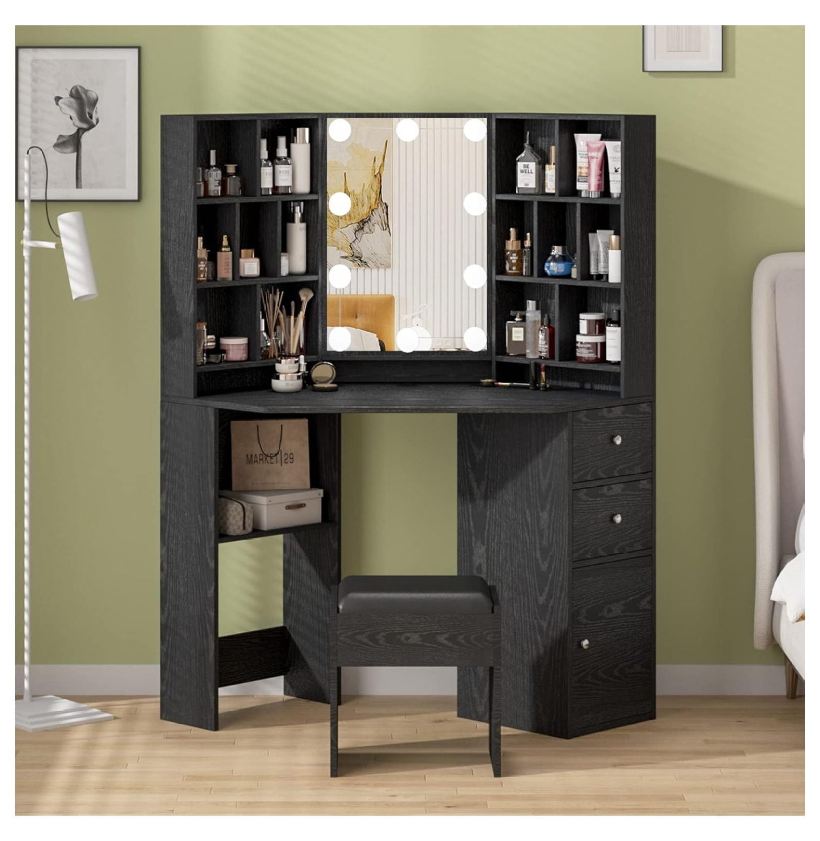 GaGaLee Corner Makeup Vanity Desk with Lighted Mirror,Black Vanity Set ...