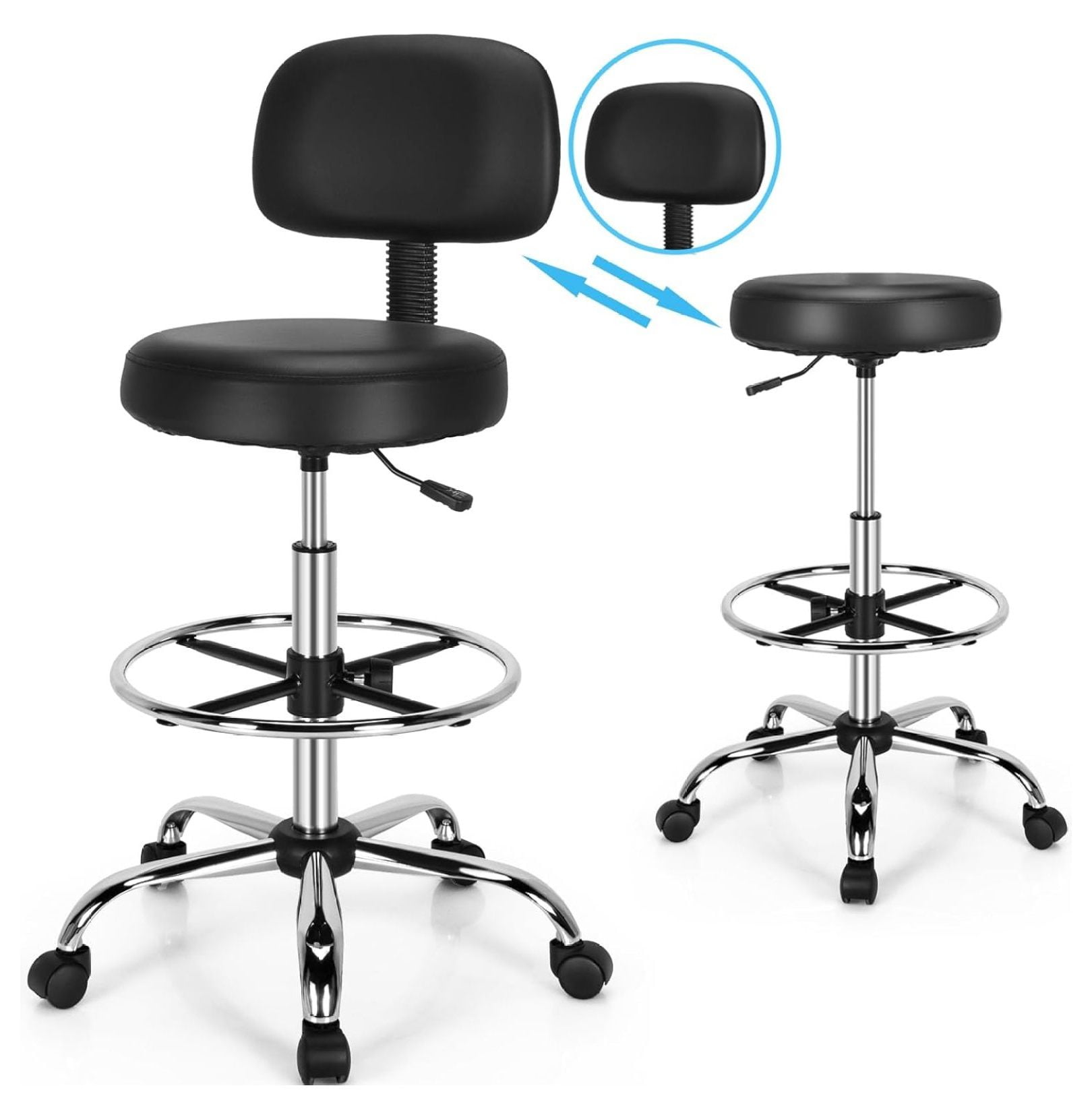 Drafting Chair With Backrest & Footrest – Adjustable Height Rolling Stool For Workshop, Studio, Office