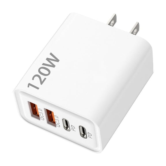 GaN 120W Fast Charger 2-in-1 Design With Dual Type-C Dual USB Ports Compact Size For Phone Tablet Laptop Simultaneous Charging Measuring 2.95x1.77x1.06 Inches (White)