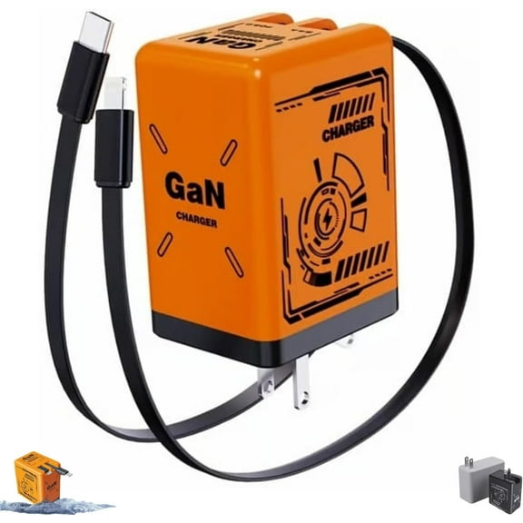 GaN Charger - Super Fast Charging Adapter with Duals Retractable Type-C Cable, Compact GaN Technology for Quick Charge (Orange)
