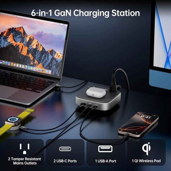 GaN Multi Charging Station 67W, 6-in-1 Desktop Power Hub with Wireless Charger, 2AC Outlets, 1 USBA Port, 2 USBC Ports, Power Strip for iPhone, iPad, Galaxy & Android Devices, Grey