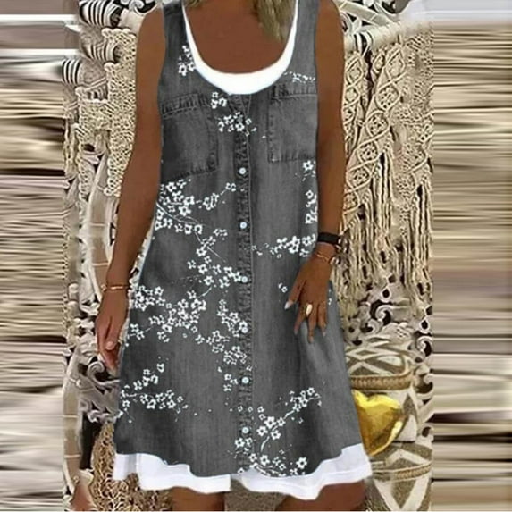 GaThRRgYP Womens Dress,Dress for Women under $5,Women's Fashion Casual Floral Printing Loose Fake Two-Piece Denim Dress