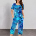thumbnail image 1 of GaThRRgYP 2 Piece Womens Short Sleeve Pajama Sets for Women,2PC Women's Solid Color V Neck Lace Splicing Short Sleeve Sleepshirt and Pants Sets Loungewear Pajamas with Pockets Blue L, 1 of 5