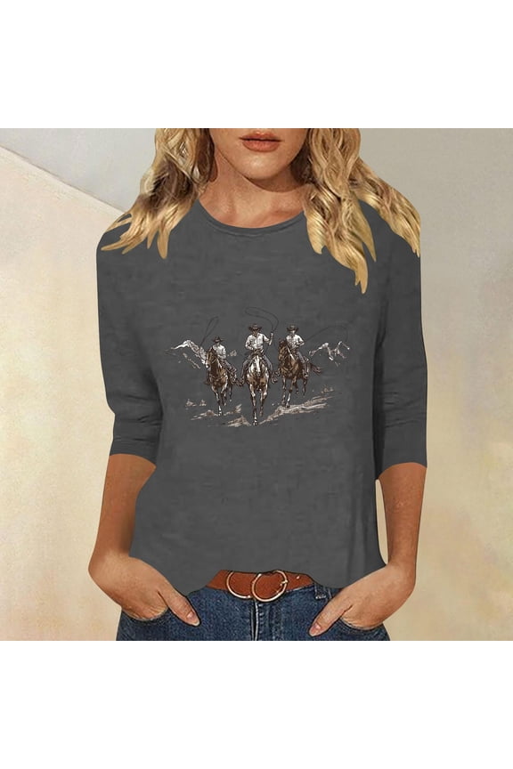 2025 Fall Womens Tops Plus Plus Size Tops,Women's New 3/4 Sleeve Western Style Printed Casual Top T-shirt Gray S