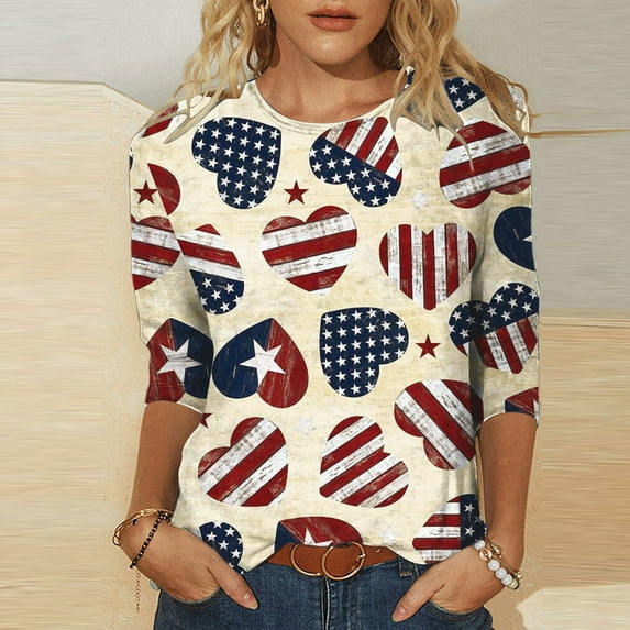 GaThRRgYP Spring Tops for Women 2025,Womens Blouses Short Sleeve,Women's Fashion Independence Day Printed T-shirt 3/4 Sleeves Blouse Round Neck Casual Tops Khaki S