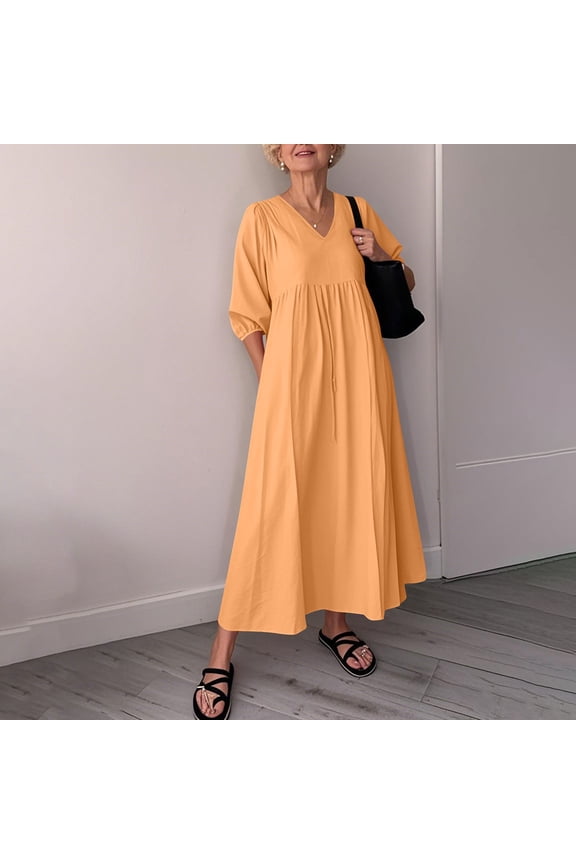A-Line Silhouette Short Sleeve V-Neck Dress-Universal,Ladies' Casual V-neck Three-quarter Sleeve Cotton and Linen Pocket Dress Orange S