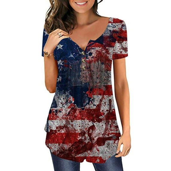 GaThRRgYP Spring Tops for Women,Tops for Women Trendy Summer,Women's Independence Day Patriotic V-neck Button-down Meat Covered Short Sleeve Tops Dark Blue XXXL