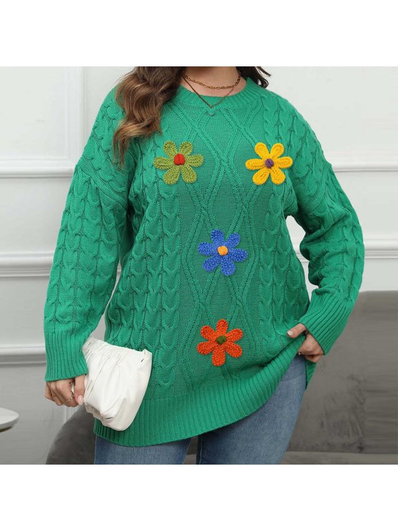 Autumn Cable Knit Essential Ladies,Woman Winter Plus Size Round Neck Pullover Beaded Long Sleeve Sweater Coat Round Neck Sweater Green XL
