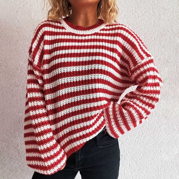 GaThRRgYP Autumn Winter Sweaters,Women's Long Sleeve Round Neck Striped Printed Casual Loose Knitted Sweater Red M