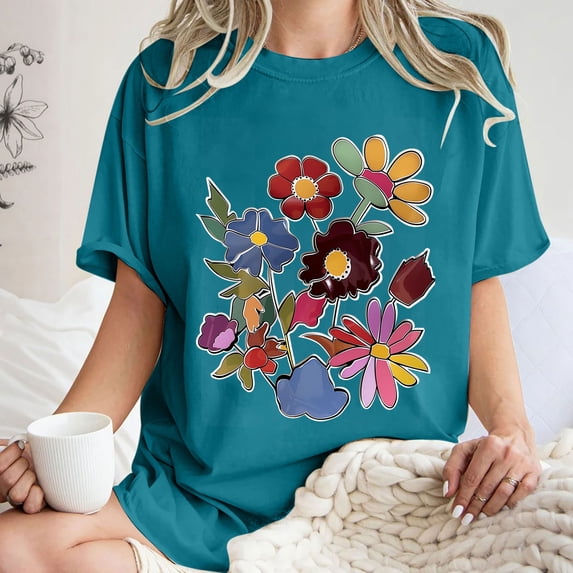 GaThRRgYP Blouse for Women Dressy Casual,Women's Fashion Summer Round Neck Drop Sleeves Leisure Short Sleeve Printing Blue XXL