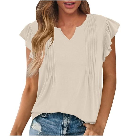 GaThRRgYP Blouse for Women Dressy Casual,Women's Summer T-Shirt Dressy Casual Ruffle Short Sleeve V Neck Pleated Knit Shirts Blouses Beige XL