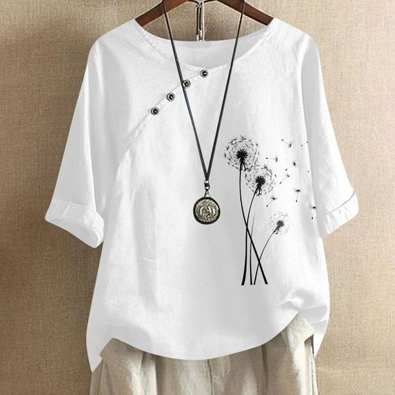 GaThRRgYP Blouse for Women Plus Size,2025 Women's Casual Fashion Crew-neck Button-printed Short-sleeved Top White XL