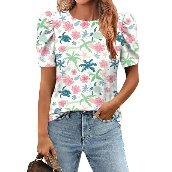 GaThRRgYP Blouse for Women Plus Size,Women's Crew-neck Pleated Short-sleeved Pullover Casual Print Loose Top White S