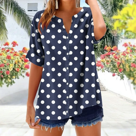 GaThRRgYP Blouse for Women Plus Size,Women's V-neck Non Positioning Printed Summer Button Short Sleeved Loose and Fashionable T-shirt Top Navy L