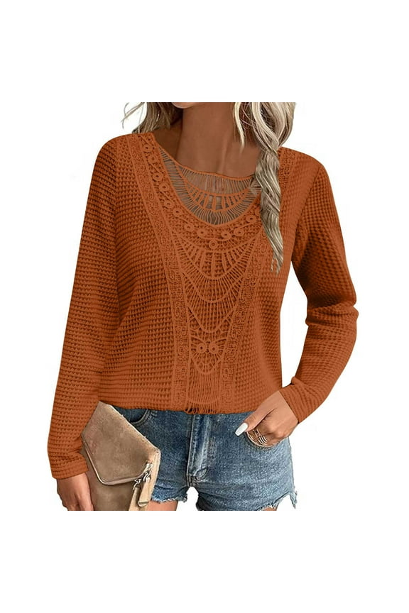 Summer Tops for Women,Womens Tops Short Sleeve,Women's Solid Color Lace Lace Patchwork Pineapple Long Sleeved Round Neck T-shirt Top Orange M