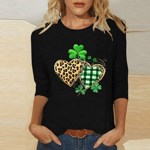 GaThRRgYP Blouses for Women Fashion Casual Womens Fall Tops,Women's St. Patrick's Day Printed Crew Neck 3/4 Sleeve T-Shirt Loose Tops Black L