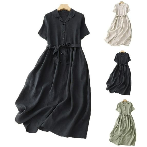 GaThRRgYP Boho Maxi Dress Women Summer,Women's Elastic Waist Loose and Comfortable Solid Color Doll Shirt Linen Dress Green XXL