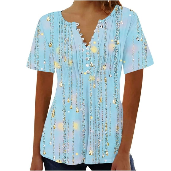 GaThRRgYP Boho Short Sleeve Blouse - Women's Summer Tops,Women's Fashion Summer Casual Printed V-neck Button Up Short Seeved Blouses Top Light Blue S