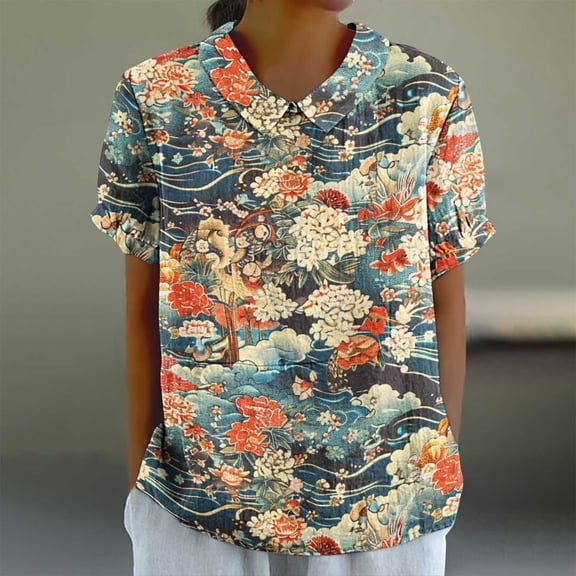 GaThRRgYP Boho Short Sleeve Blouse - Women's Summer Tops,Women's Ladies Fashion Cropped Short Sleeve Printing Loose Shirt Blouse Top Multicolor S