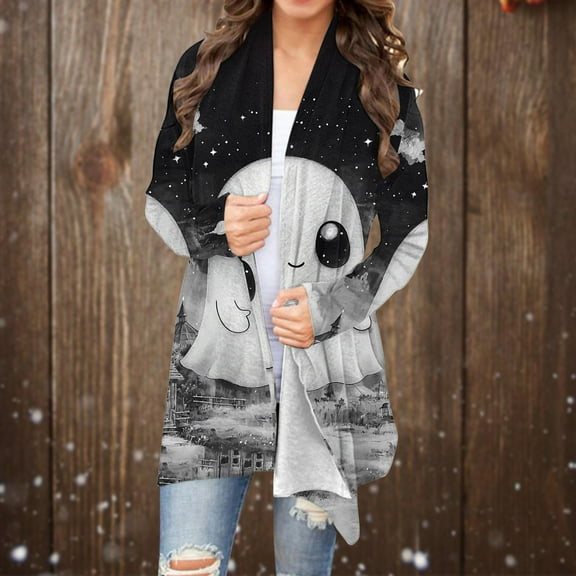 GaThRRgYP Breathable Cotton Blend Cardigan Everyday Layer,Women's Fashion Halloween Printed Long Sleeved Cardigan Jacket Gray S