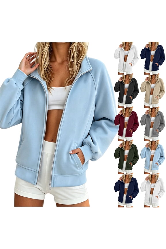 Cardigans for Women Trendy Patterns Women's Solid Color Stand Collar Zip-Up Long Sleeve Raglan Sleeve Sweatshirt Jacket Casual Outerwear Khaki S
