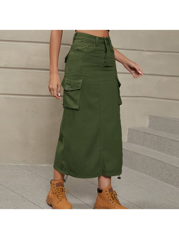 Cargo Skirts with Pockets,Women's Spring and Summer Work Dress Pocket Skirt Casual Mid-length Skirt