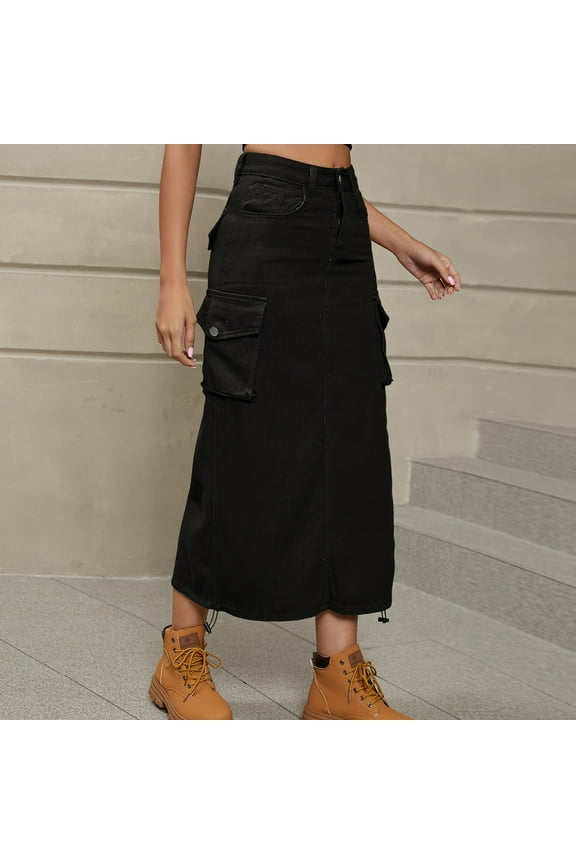 Cargo Skirts with Pockets,Women's Spring and Summer Work Dress Pocket Skirt Casual Mid-length Skirt