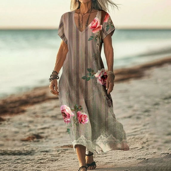 GaThRRgYP Casual Day Dress Women Comfortable,Women's Fashionable Printed Short Sleeved V-neck Dress Long Skirt Multicolor XL